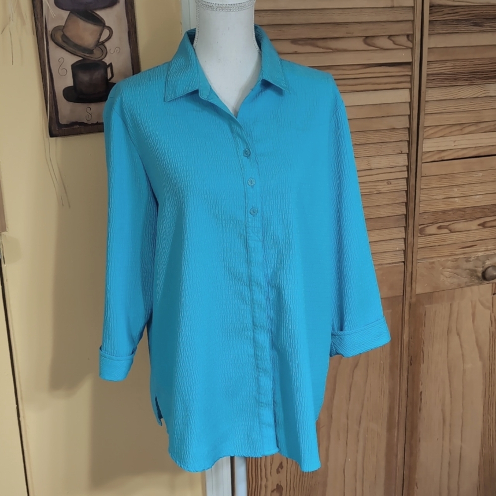 ALIA Blue Smocked Texture Button-Up Women's Top 3/4 Sleeves 16
